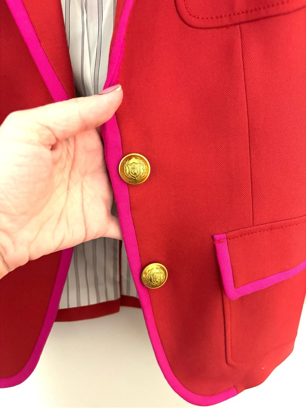 J. Crew Rhodes Red Blazer-Hot Pink Trim and Gold Button Detail Woman’s Size 0